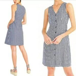 J. Crew Dress Women's 6 Navy Blue Gingham Plaid Check V Neck Button Front L6979